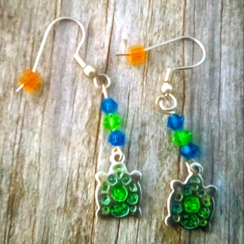 Handmade Turtle Dangle Earrings Swarovski Crystal Green Blue Drop